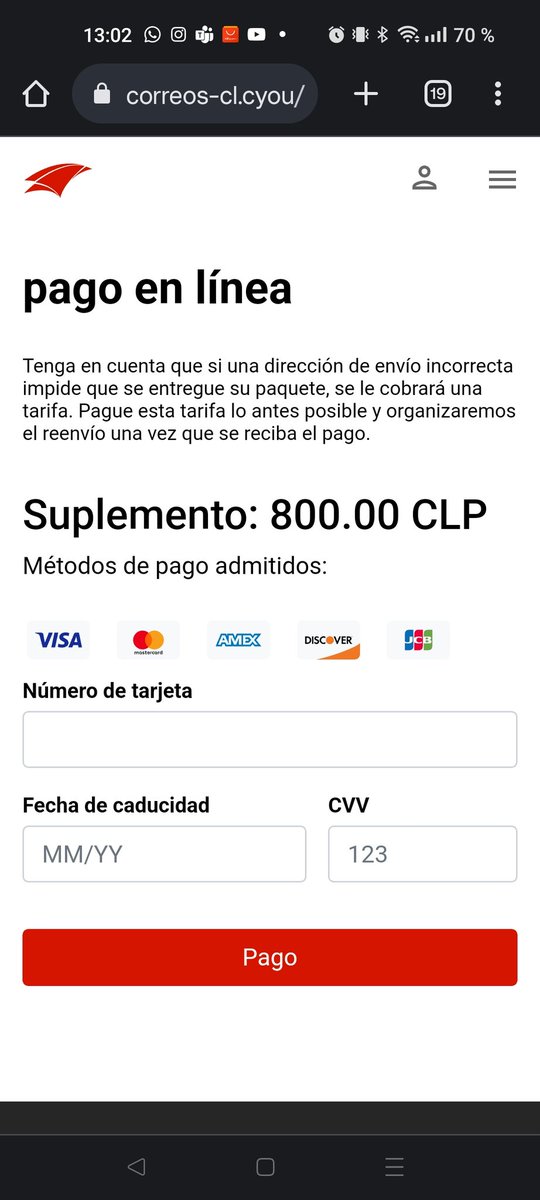 Diego_eml's tweet photo. @correoschile ALERTA DE PHISHING!! @PDI_CHILE 
Me llegó este mensaje, por poco caigo, estoy esperando paquetes de AliExpress, esto no puede ser coincidencia, seguro se les filtraron datos https://t.co/NYofmYudyb