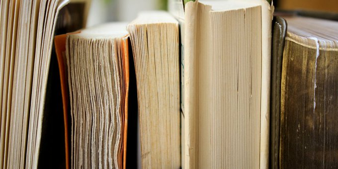 Photo of a collection of books sitting on a shelf. 