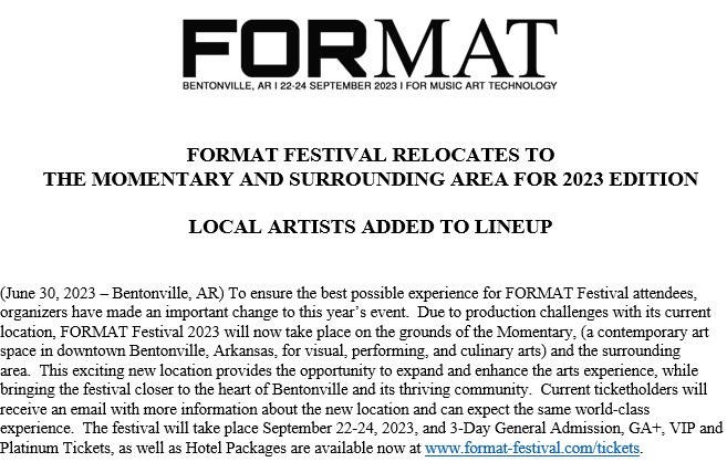 Here's some news. The 2nd edition of the @format_festival will be at @themomentary this fall. Last year, it was at the 250-acre Sugar Creek Airstrip at 3100 Price Coffee Road, approximately four miles northeast of downtown Bentonville.