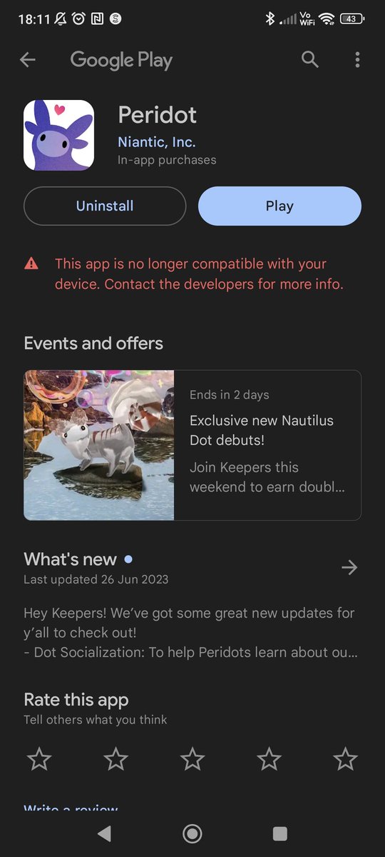 Rhys_Hall's tweet photo. Been playing since day one of this phone, had it's issues with bugs... But was managing... Now I can't even play it. Got my phone back in September... Today is a sad day. @asimahmed @playperidot @NianticLabs @NianticHelp #playperidot https://t.co/tvLOU1YUrF