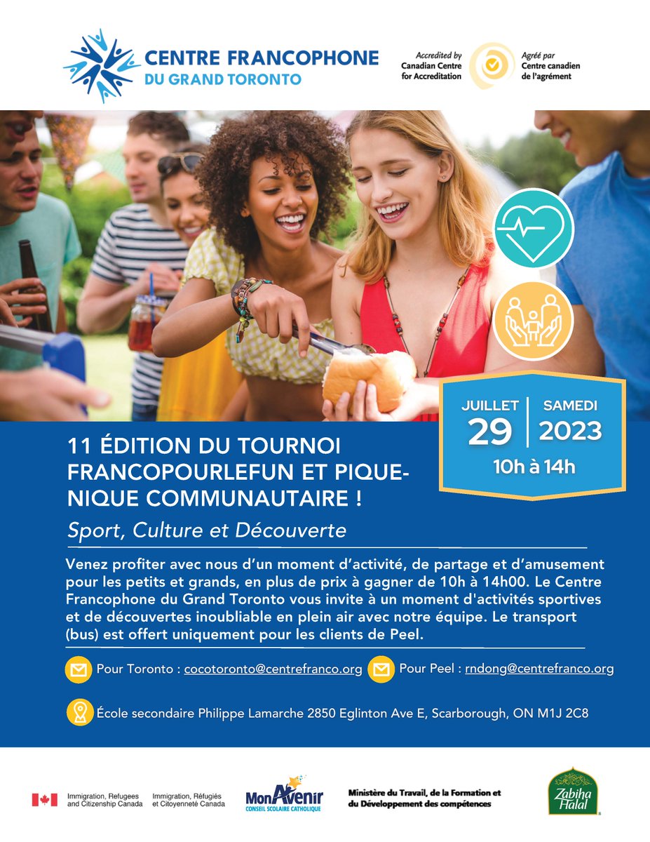cscmonavenir's tweet photo. Le  @CentrefrancoT organise la 11e édition du tournoi de soccer et un pique-nique communautaire le samedi 29 juillet à partir de 10h à l'École secondaire catholique Père-Philippe-Lamarche à Scarborough. En savoir plus : cocotoronto@centrefranco.org. https://t.co/0PFM5LOy3U