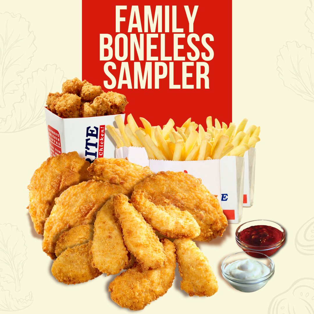 The Family Boneless Sampler is a great meal to share. 4 pieces of Breast Fillet Chicken, 8 Crispy Fillet strips, large Chicken Poppas &amp; 4 regular Favorite McCain SureCrisp Fries - plus Spicy Salsa &amp; Cool Mayo dips. Just £26.99 from Favorite online. 
Prices vary in-store &amp; online