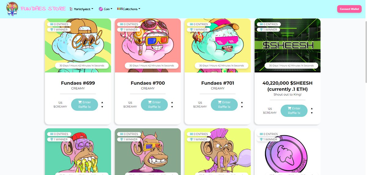 Fundaes NFT (@fundaesnft) on Twitter photo New month, new raffles 🎁🎉
This month we picked up some $SHEESH <a href="/KingPepeETH/">King Pepe</a>, #ROTA <a href="/ATSNFT/">Apes Together Strong NFT</a>, <a href="/FunApes_NFT/">Fun Apes</a> and some <a href="/CyberFriendsNFT/">Cyber Friends | Mint is Live</a>
Every Fundaes NFT generated 5 $CREAMY per day, which can be used to enter these raffles. New month, new raffles 🎁🎉
This month we picked up some $SHEESH <a href="/KingPepeETH/">King Pepe</a>, #ROTA <a href="/ATSNFT/">Apes Together Strong NFT</a>, <a href="/FunApes_NFT/">Fun Apes</a> and some <a href="/CyberFriendsNFT/">Cyber Friends | Mint is Live</a>
Every Fundaes NFT generated 5 $CREAMY per day, which can be used to enter these raffles.