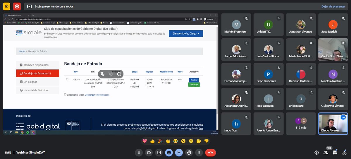 GobDigitalCL's tweet photo. ¡Felices con los 130 asistentes de diversas OAE's en #SIMPLEday! Webinar que busca enseñar funcionalidades y usos de la plataforma SIMPLE para la digitalización de trámites y procedimientos administrativos. Además de resolver dudas por parte del equipo de Digitalización de DGD 🙌 https://t.co/abjCL4gRlV
