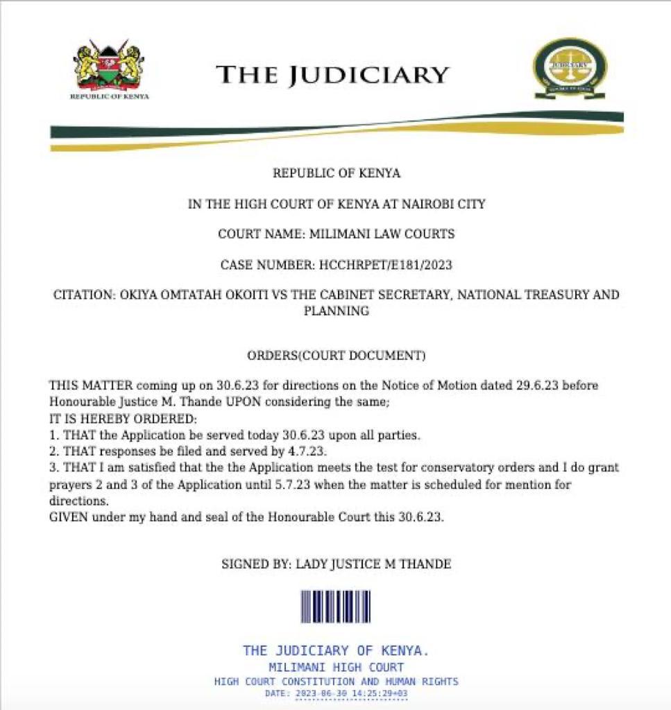 NEWS JUST IN: High Court Judge Mugure Thande suspends implementing the Finance Act pending hearing and determination of a suit filed by the People’s Senator  @OkiyaOmtatah #FinanceBill2023