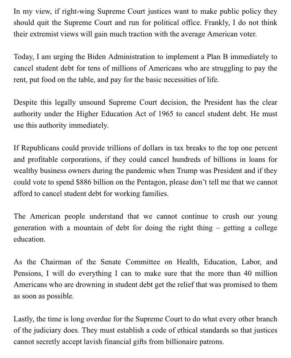 Following today’s legally unsound Supreme Court ruling, I am urging the Biden Administration to implement a Plan B immediately to cancel student debt for tens of millions of Americans. Read my full statement here: