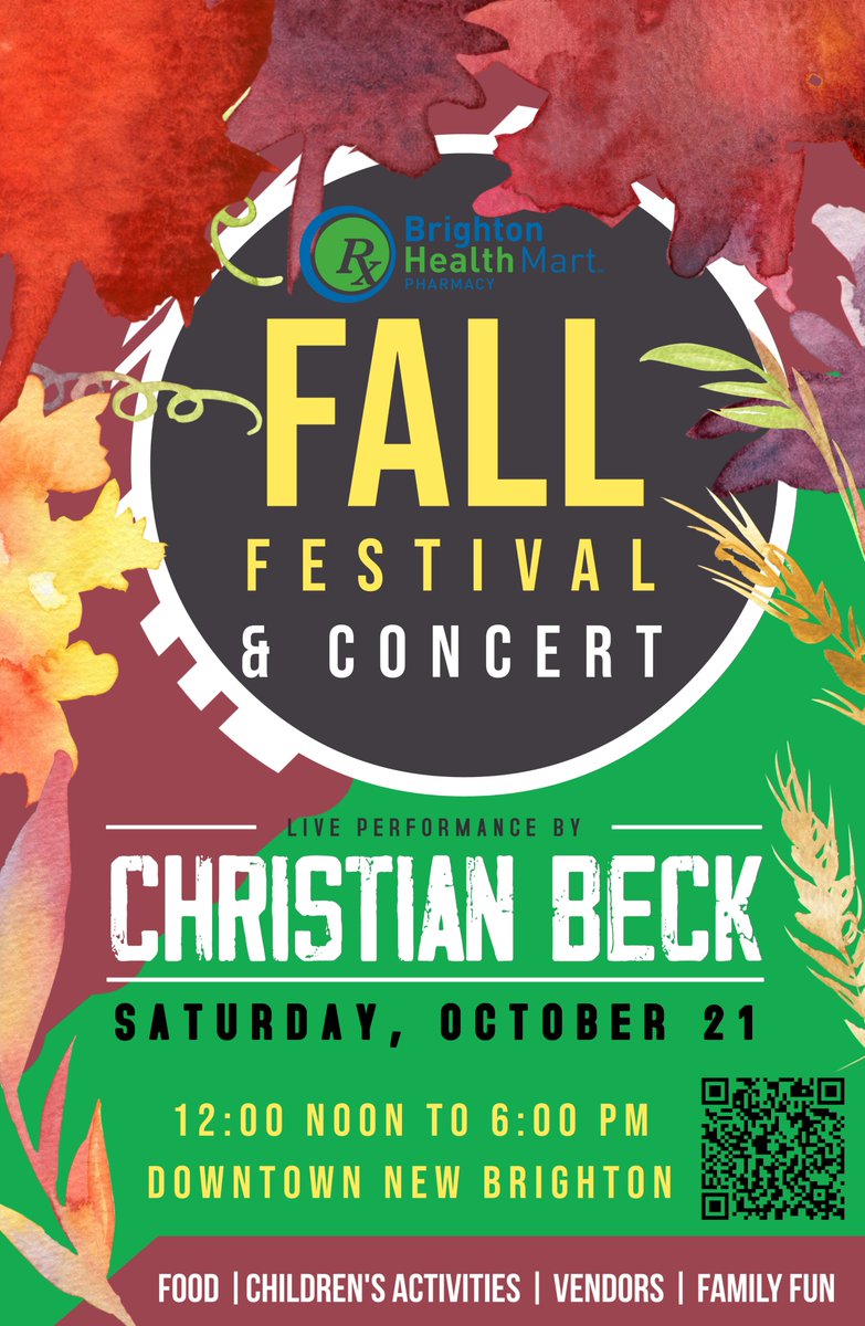 Mark your calendars now and visit downtown New Brighton to enjoy a free <a href="/CBeckCountry/">Christian Beck</a> concert at this year's Brighton Health Mart Pharmacy Fall Festival on 10/21.  Vendor registration is open. Register online at tinyurl.com/4m23sp5s.