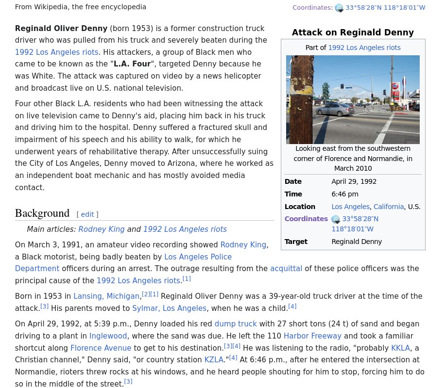 LGcommaI's tweet image. This one: the attack on #ReginaldDenny, a "construction truck driver who was pulled from his truck and severely beaten..His attackers, a group of Black men. targeted Denny because he was White. The attack was captured on video  by a news helicopter and broadcast live on [#TV]."