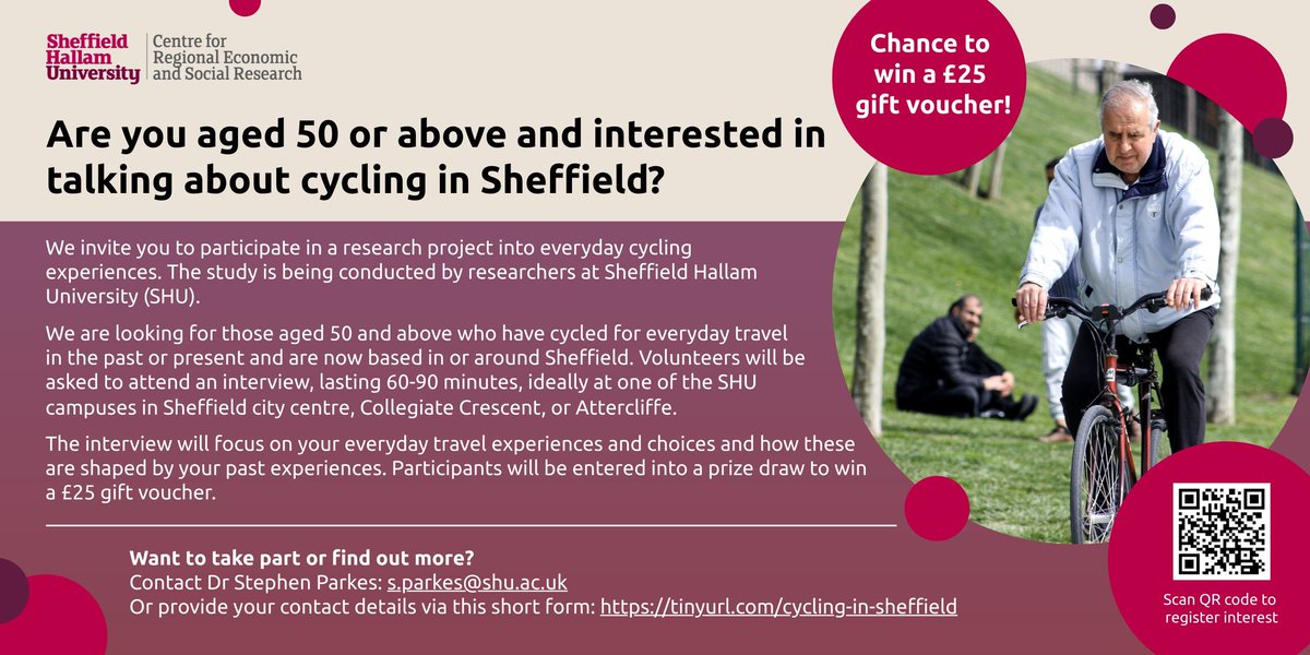 Are you aged over 50 and interested in talking about #cycling in #Sheffield. Help with this <a href="/SheffieldHallam/">Sheffield Hallam</a> research project into barriers to #activetravel. Prizes on offer for participants 👇👇👇👇