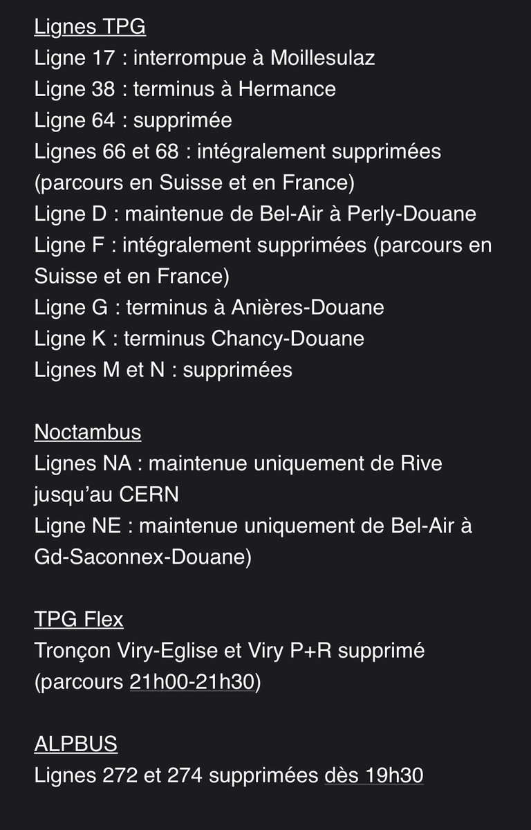 🔴 FLASH - Plus aucune ligne transfrontalière ne sera en service en France, dès ce soir à 21h00. Il s’agit d’une décision des autorités françaises après plusieurs nuits de manifestations. Les @TPGeneva sont concernés sur les lignes suivantes: