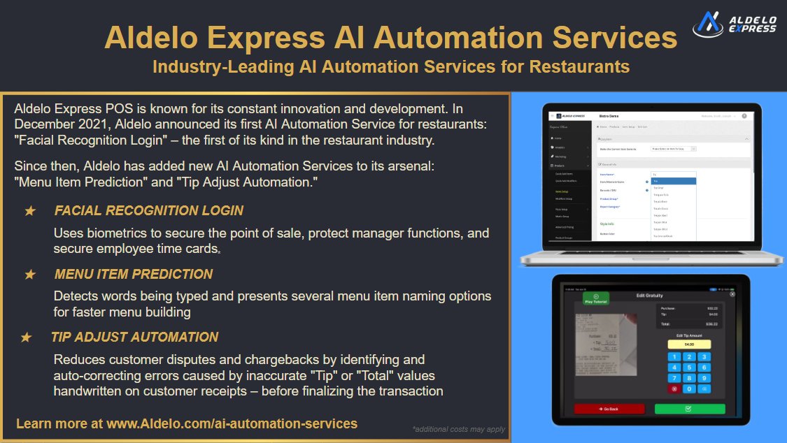💫 Aldelo Express Includes Industry-Leading AI Automation Services

🌐 Learn more at Aldelo.com/ai-automation-… or Call 800-801-6036 or Email us at sales@Aldelo.com

#Aldelo #AIAutomationService #AIService #AIforRestaurants #AIforBusiness #AIforSmallBusiness