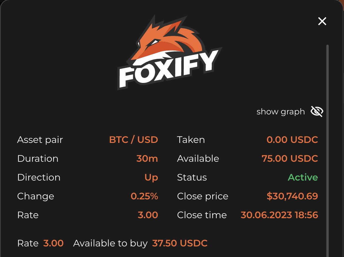foxifytrade's tweet photo. We've got someone selling an Option offering a 3x if $BTC goes up 0.25% in 30mins - grab it before it goes...

https://t.co/WAttyVqVu6 https://t.co/nvs7WLH0uY