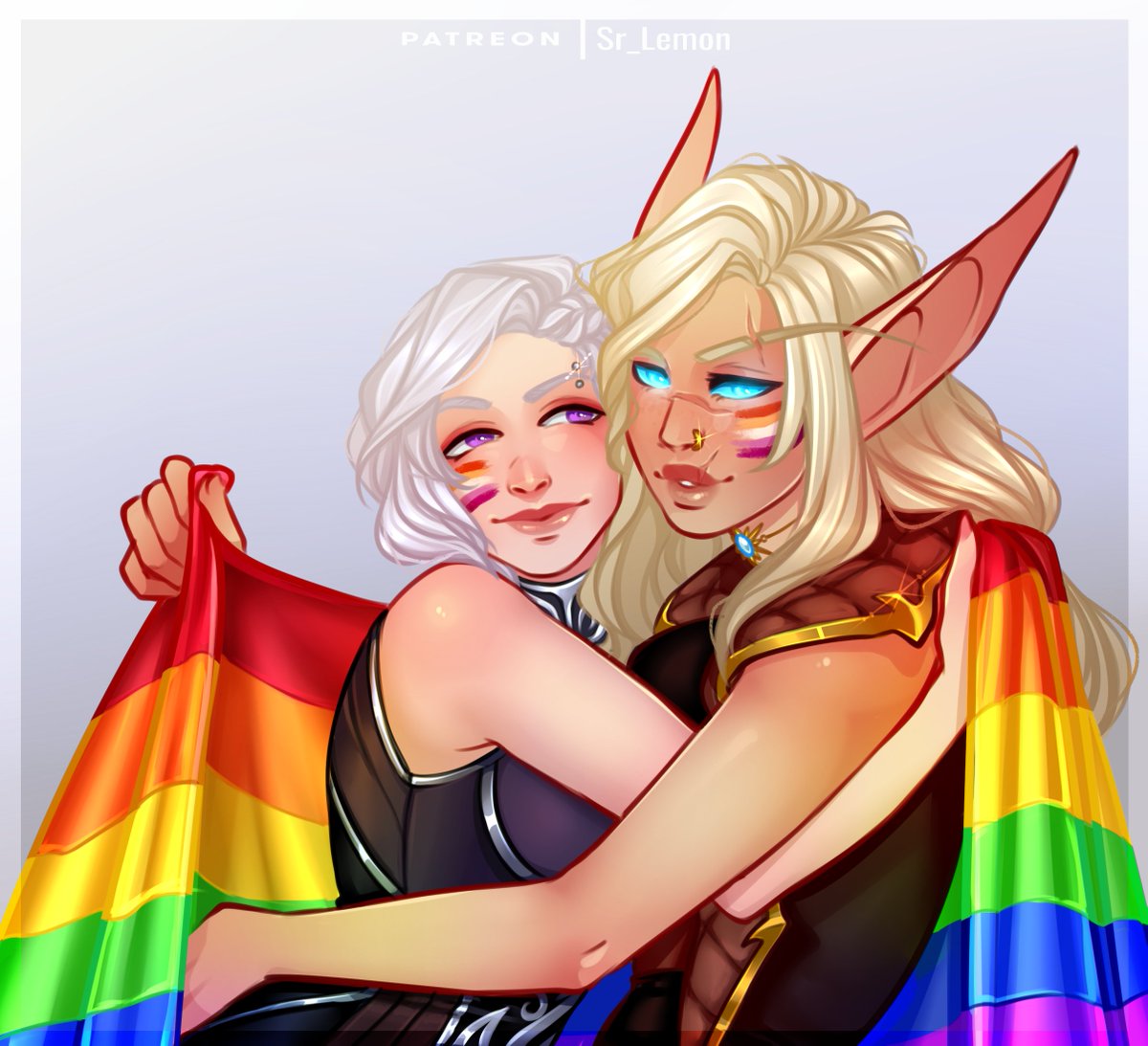 I got a hectic month and forgot to share most of the art i did >_< this is one i got for #PrideMonth2023  and almost missed the chance to post it! 

#worldofwarcraft #wow #commissions #elf #bloodelf #human #lesbian #LGBTQ #hug #cute #wholesome #couple #digitalart #fantasy