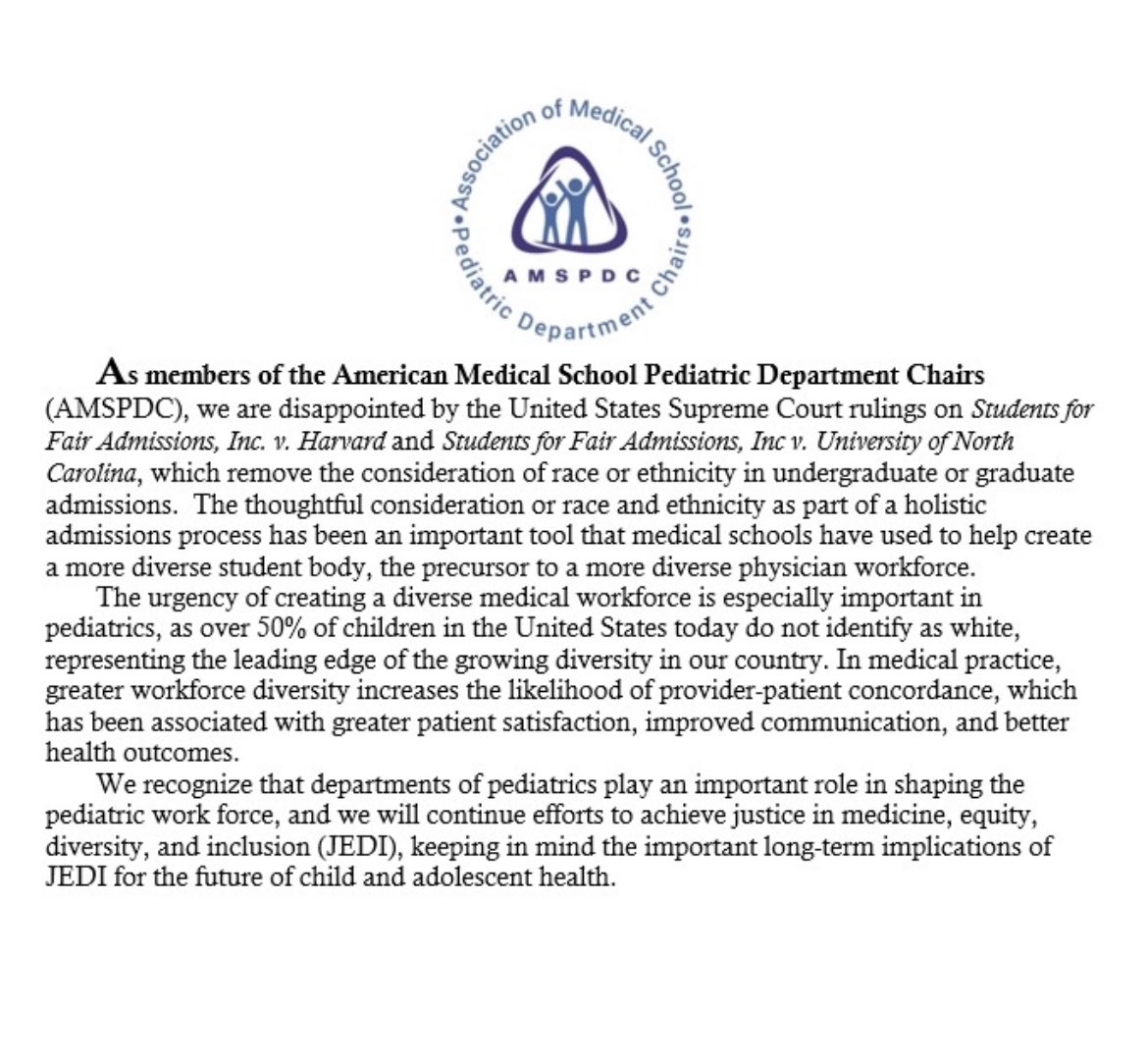 Statement from the American Medical School Pediatric Department Chairs (@amspdc) regarding the recent #SupremeCourt decisions re: #AffirmativeAction. @MontefiorePeds @EinsteinMed @SuzettePediMD AMSPDC.org