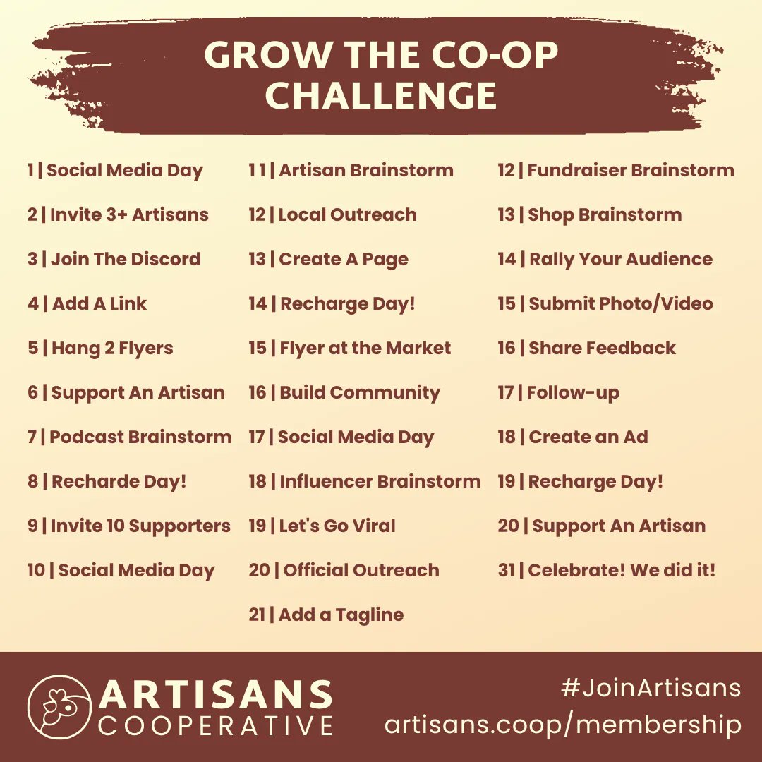 What if we could finance ourselves 100% through memberships and revenue? 

Tomorrow begins our Grow the Co-op July Challenge! Join us for a month of collective action to help double our goals. 

Read more about it and join the challenge: buff.ly/3XuxFUZ 

#JoinArtisans