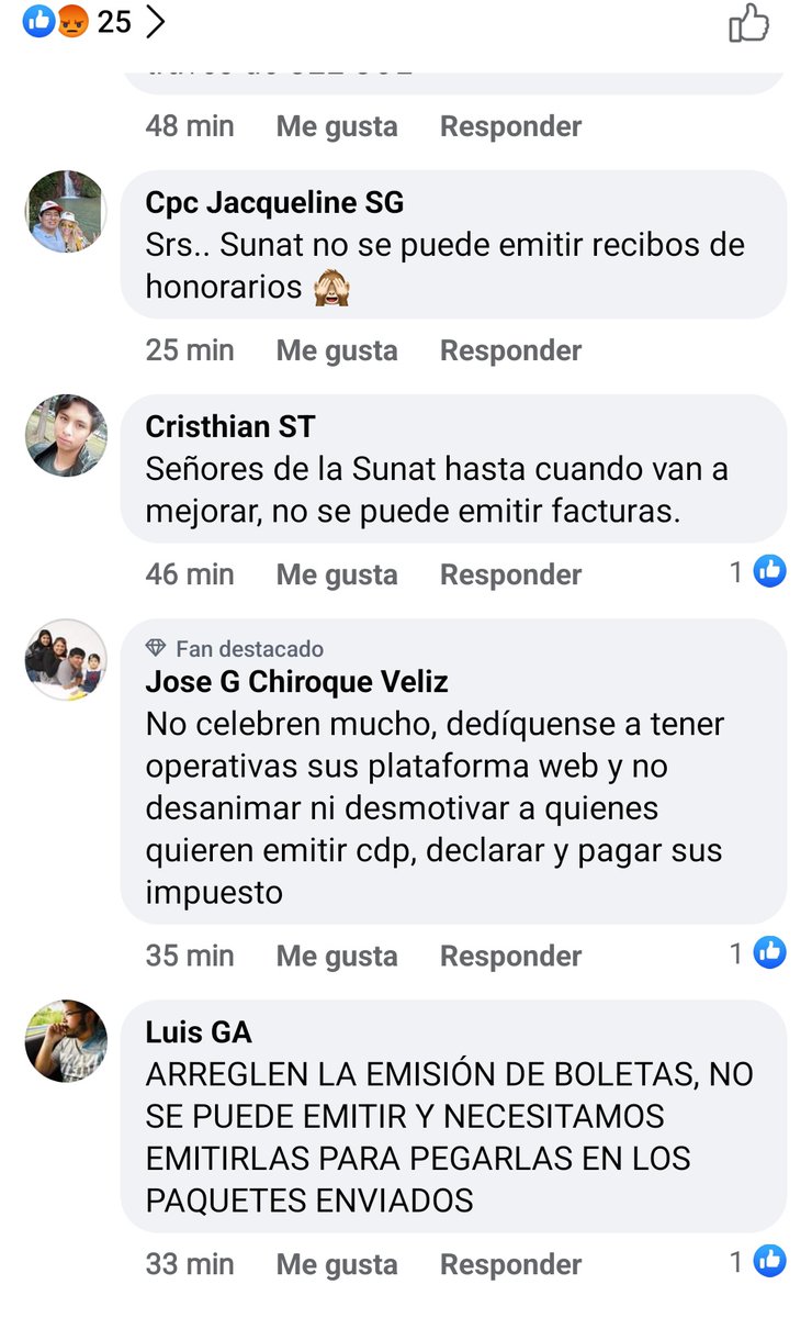 JesusYarleque's tweet photo. @SUNATOficial Los usuarios en la página de facebook de @SUNATOficial quejándose porque la plataforma no permite emitir comprobantes electrónicos.

Pésimo servicio 😭 https://t.co/4gRJ2kSZZn