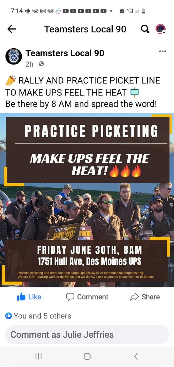 Moose3Mama's tweet photo. @marwilliamson Are you following the news on the UPS Teamsters imminent Strike? IT IS HEATING UP. Practice strike held today in DesMoines, IA Teamsters local 90.  I am a 27 year retired UPS Teamster and Veteran '97 striker.  This is going to be huge!!! https://t.co/AahVQYXfBQ