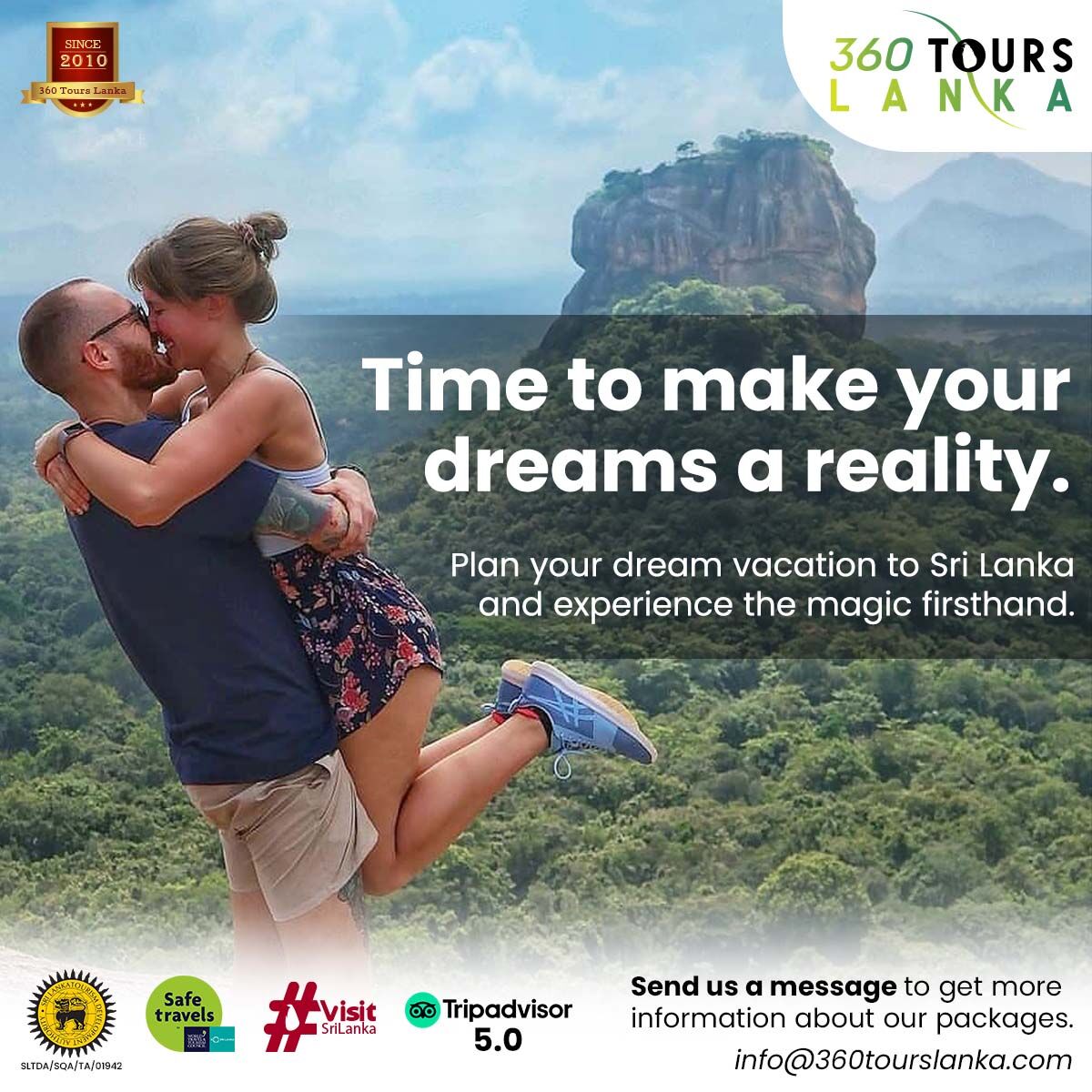 Time to make your dreams a reality.
Plan your dream vacation to Sri Lanka and experience the magic firsthand. 

#360ToursLanka #SriLanka #Sigiriya #Ella #Ceylon #VisitSriLanka #TourInSriLanka #FamilyTours #HoneymoonTours #Wildlife #LuxuryTours #HolidayInSriLanka #TravelSriLanka