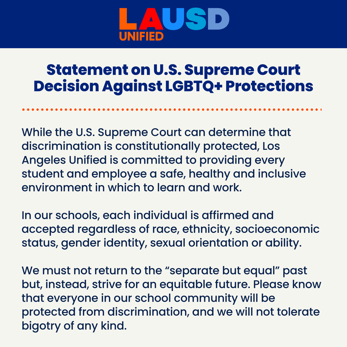 LASchools's tweet photo. Statement on U.S. Supreme Court Decision Against LGBTQ+ Protections https://t.co/nNr7stgZA3