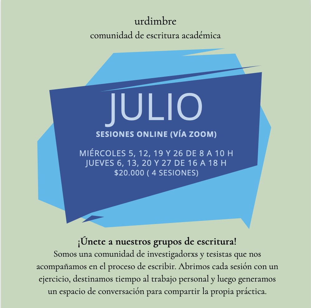Abrimos las  inscripciones y la ventana de pago para nuestros grupos de escritura académica. Tenemos sesiones online semanales. Nos juntamos a trabajar y a conversar sobre procesos. También aprendemos recursos para mejorar. +Info y valores: urdimbreescritura.com o en IG.