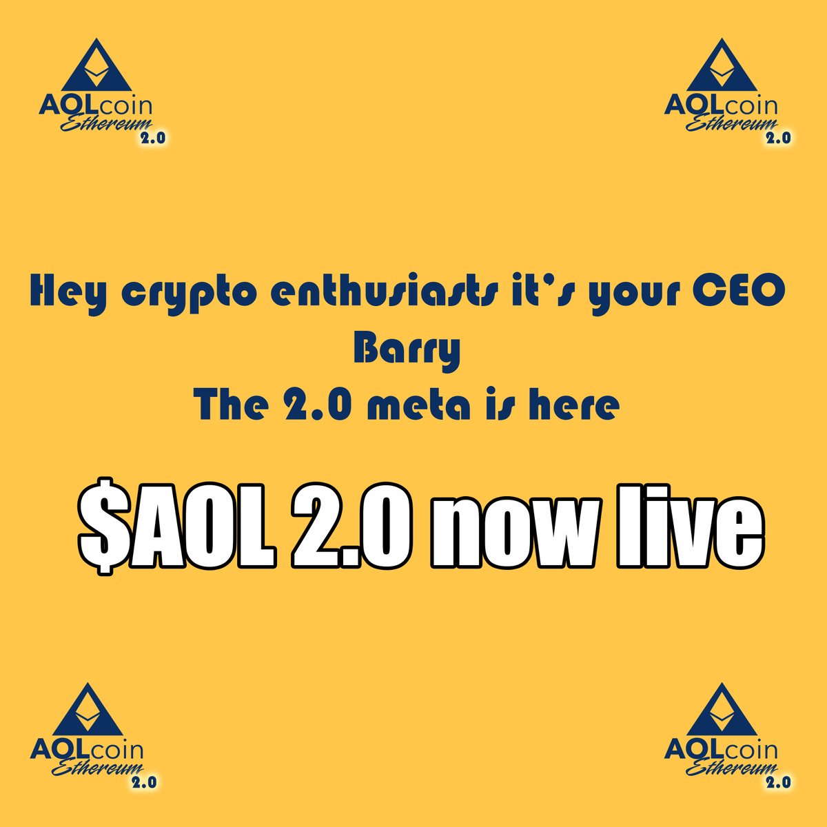 AOL2Coin's tweet image. CONTRACT: 0xf484d336a30366Cf6C1024c54ddA0b198C9D480D    

CHART: 
dextools.io/app/en/ether/p…

$AOL 2.0 is now trading !

Locked &amp;amp; Renounced, new marketing wave beginning, all previous contract buys have been airdropped + a bonus to our presalers 

Now is the time!