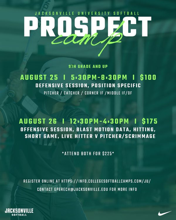 JAX_Softball's tweet photo. Excited to announce our prospect camp Aug. 25th  / Aug. 26th is open for registration!!

Click link to register today! : https://t.co/turB9Sb82F

See you there! 

#phinsup🐬  x #Together https://t.co/kxlSfltJP1