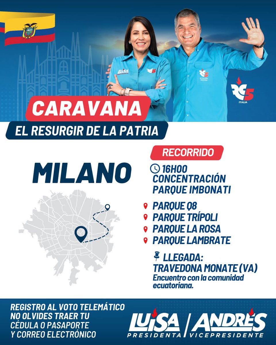 narcisasoriaEC's tweet image. Milán, Hoy inicia la Caravana por #Elresurgirdelapatria,  junto a nuestras #BrigadasRevolucionarias.

#ElPoderRegresaAlPueblo
#VotoMigrante
#Migranteconmemoria