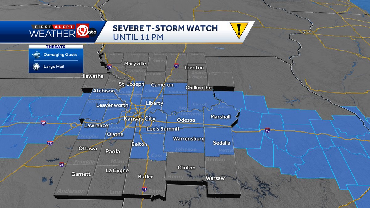 NevilleKMBC's tweet photo. ⛈ Severe T-Storm Watch until 11 p.m. Large hail and damaging wind are the main threats. https://t.co/RUvJXIhTEA @KMBC #Mowx #Kswx #Kcwx https://t.co/gPWyoo1BaX