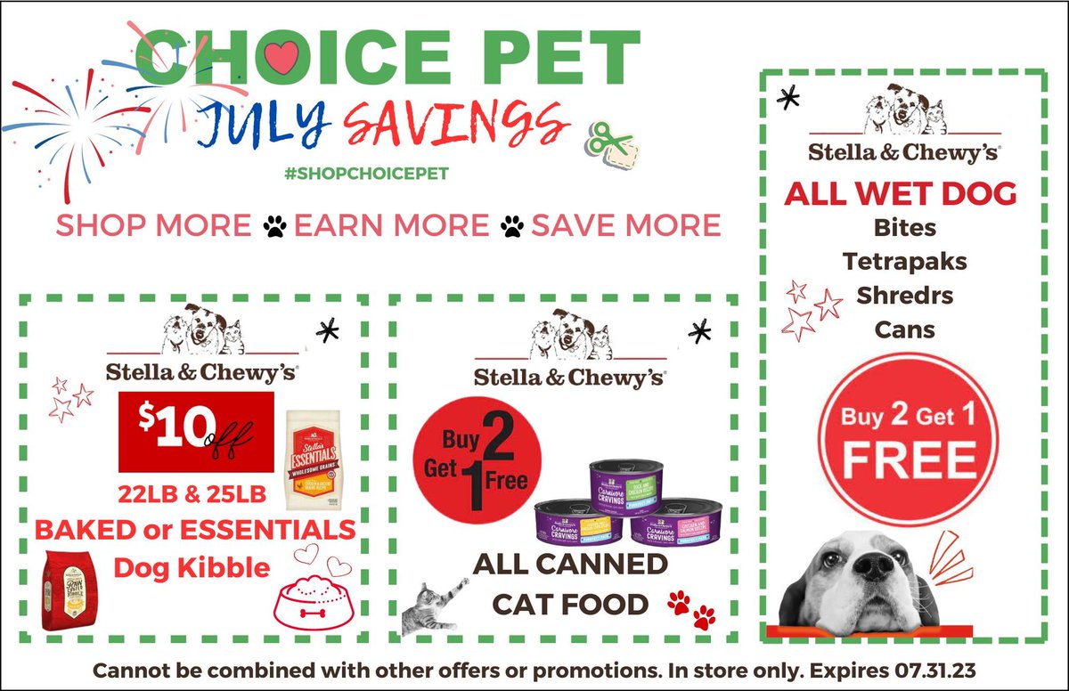 Choice_Pet's tweet photo. STARS, STRIPES &amp; SAVINGS! ❤️🤍💙 
Start your holiday weekend with a bang! ALL month long SAVE MORE on the stuff your pets love most. Visit your local Choice Pet to shop our July offers! 🐾 #shopchoicepet https://t.co/Rc7g3K1VLn