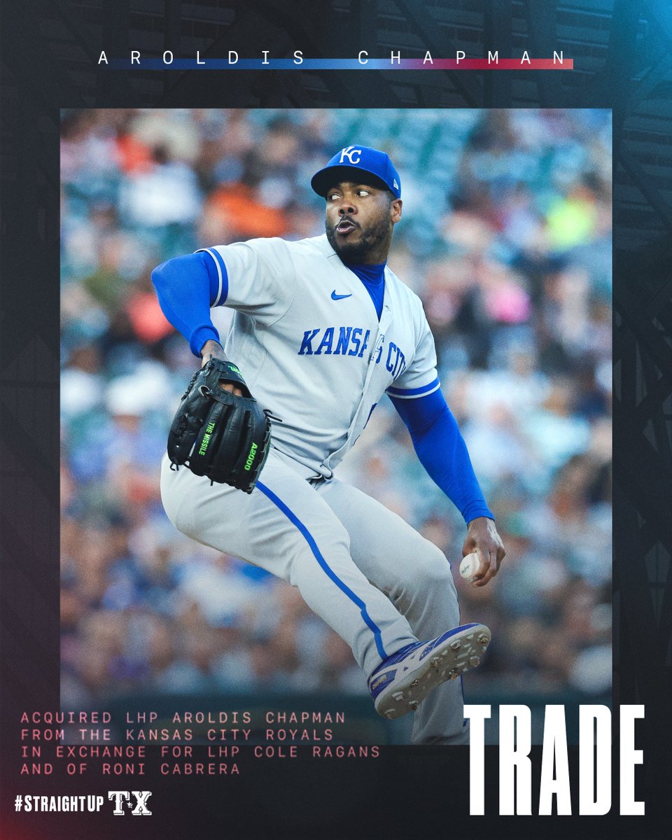 We've acquired LHP Aroldis Chapman from the Kansas City Royals in exchange for LHP Cole Ragans and minor league OF Roni Cabrera.