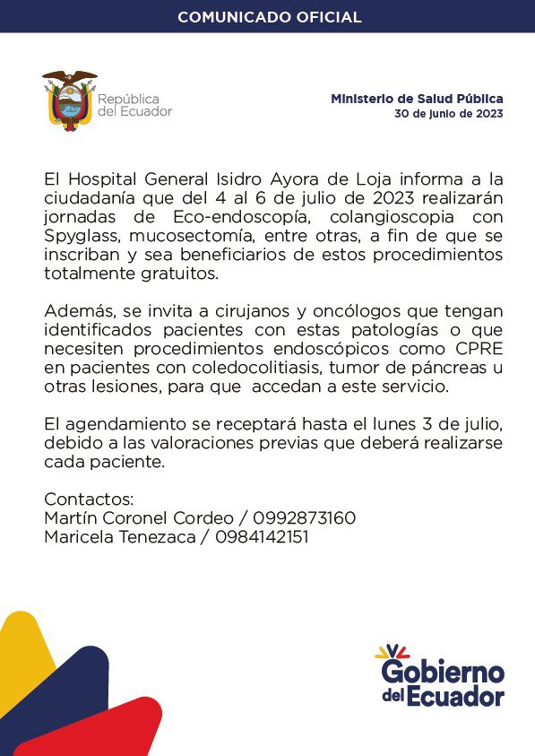 HIAyoraLoja's tweet photo. #COMUNICADO | El @HIAyoraLoja desarrollará nuevas jornadas de eco endoscopia desde el 4 al 6 de julio. Los interesados pueden revisar la siguiente información. ⬇️ https://t.co/tYCi622SzB