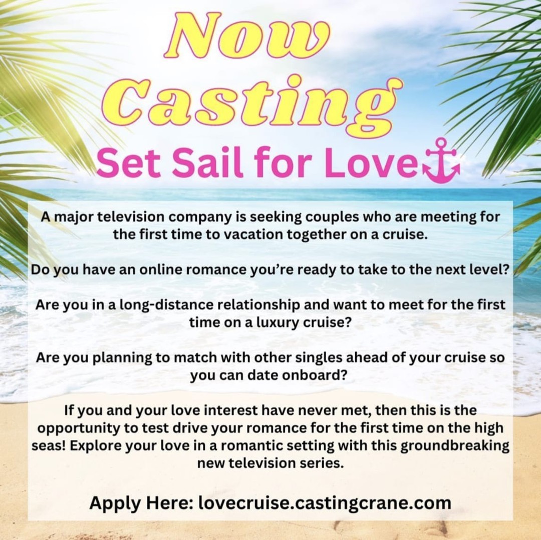Love is in the air! ⚓️✨ Casting now: 'Love Cruise: Set Sail for Love'  Seeking adventurous couples meeting for the first time! Don't miss this chance to find love on the high seas! Apply today on AuditionList.io! #LoveCruise #CastingCall