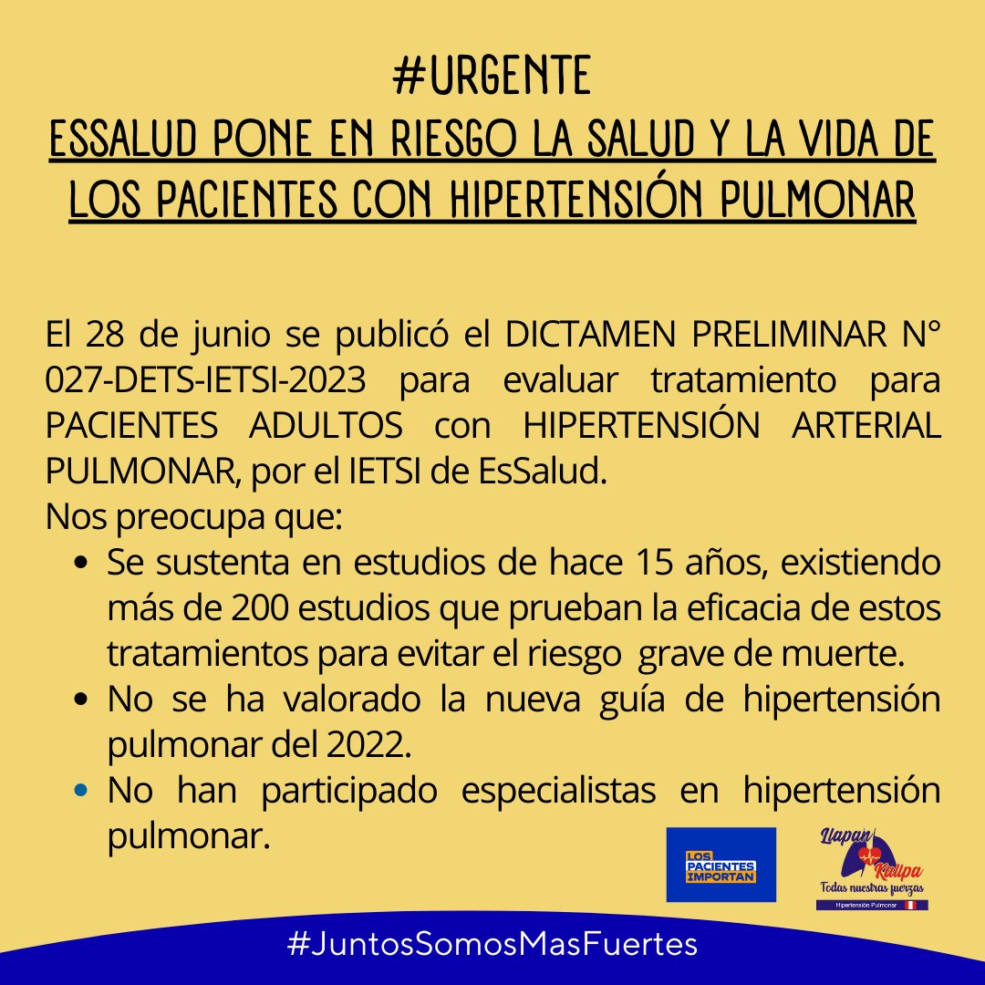 los_pacientes's tweet photo. #URGENTE 
🆘 @EsSaludPeru pone en riesgo la salud y la vida de los pacientes con hipertensión pulmonar al denegar tratamiento. La evaluación del IETSI no toma en cuenta estudios, investigaciones ni guía actualizada, sin expertos internacionales e inflando costo del tratamiento. https://t.co/eCx3gOHQjt
