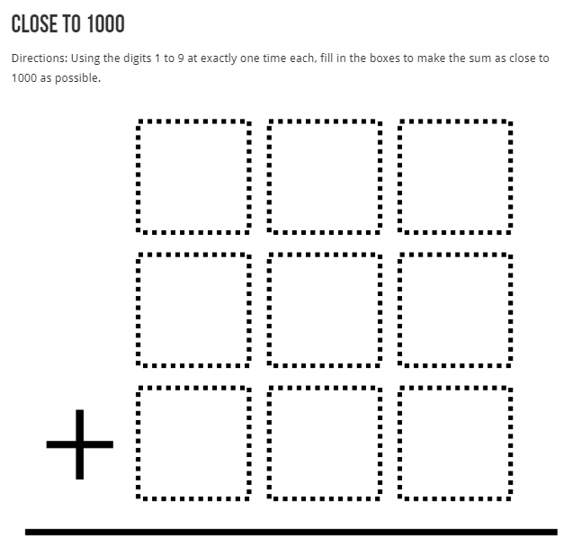 How close can your second and third graders get as to 1000 with this <a href="/openmiddle/">Open Middle</a> problem? Who needs a worksheet when kids are fighting to get the closest?! openmiddle.com/close-to-1000/ #MTBoS