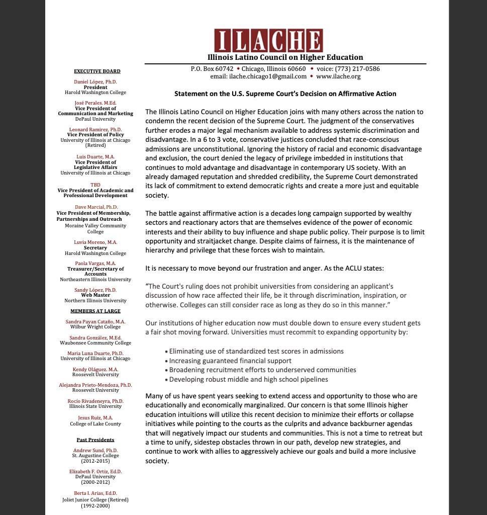 ilacheorg's tweet photo. The Illinois Latino Council on Higher Education joins with many others across the nation to condemn the recent decision of the Supreme Court. Please find the entire statement below and on our website. https://t.co/lQ5QJ6Ypb4 https://t.co/VWvddTMJb8