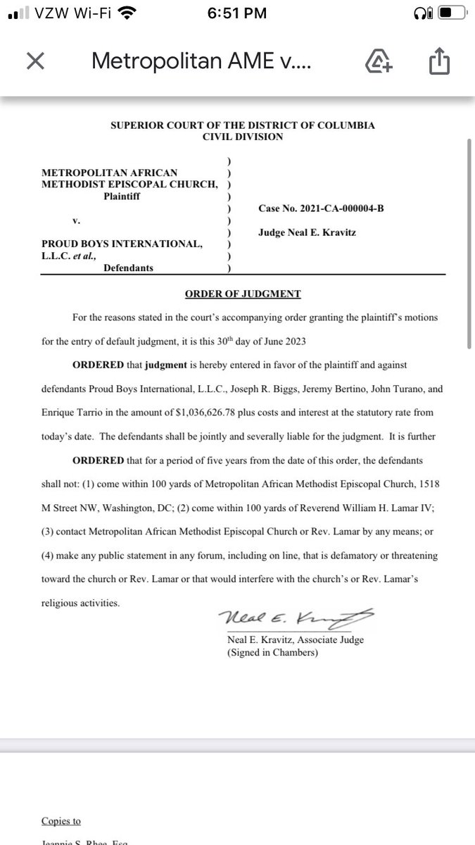 Just in: A DC court has issued a $1 million civil judgment against Enrique Tarrio, Joe Biggs and other Proud Boys for the vandalism of a Black church in a violent episode following a pro-Trump rally in DC in Dec 2020.