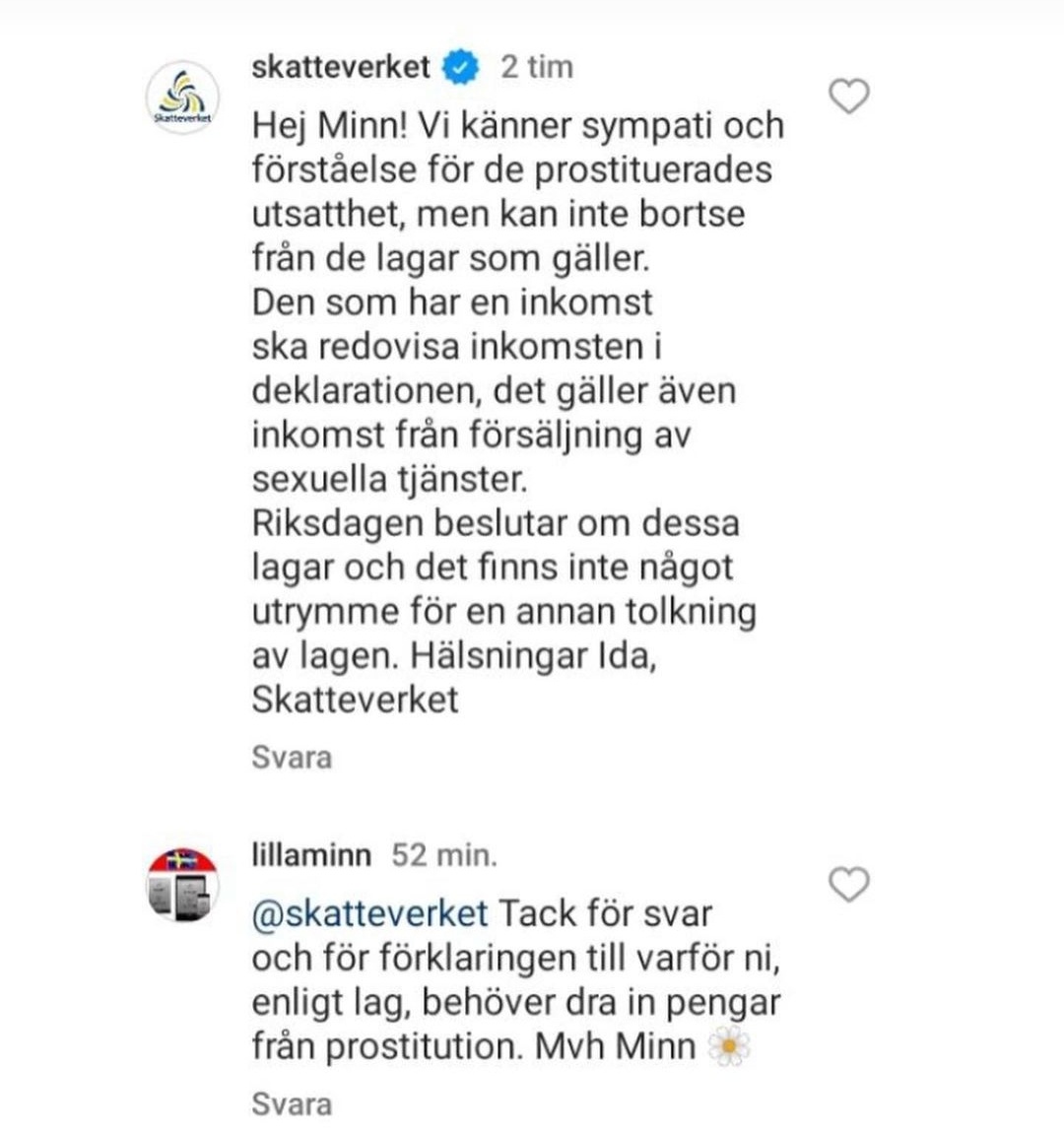 bnsabolitionist's tweet image. ... industry and providing them with the support they need. 

I include also the Swedish agency answer as of why they have to tax money from prostitution. 

#skatteverket 
#prostitution #NordicModel