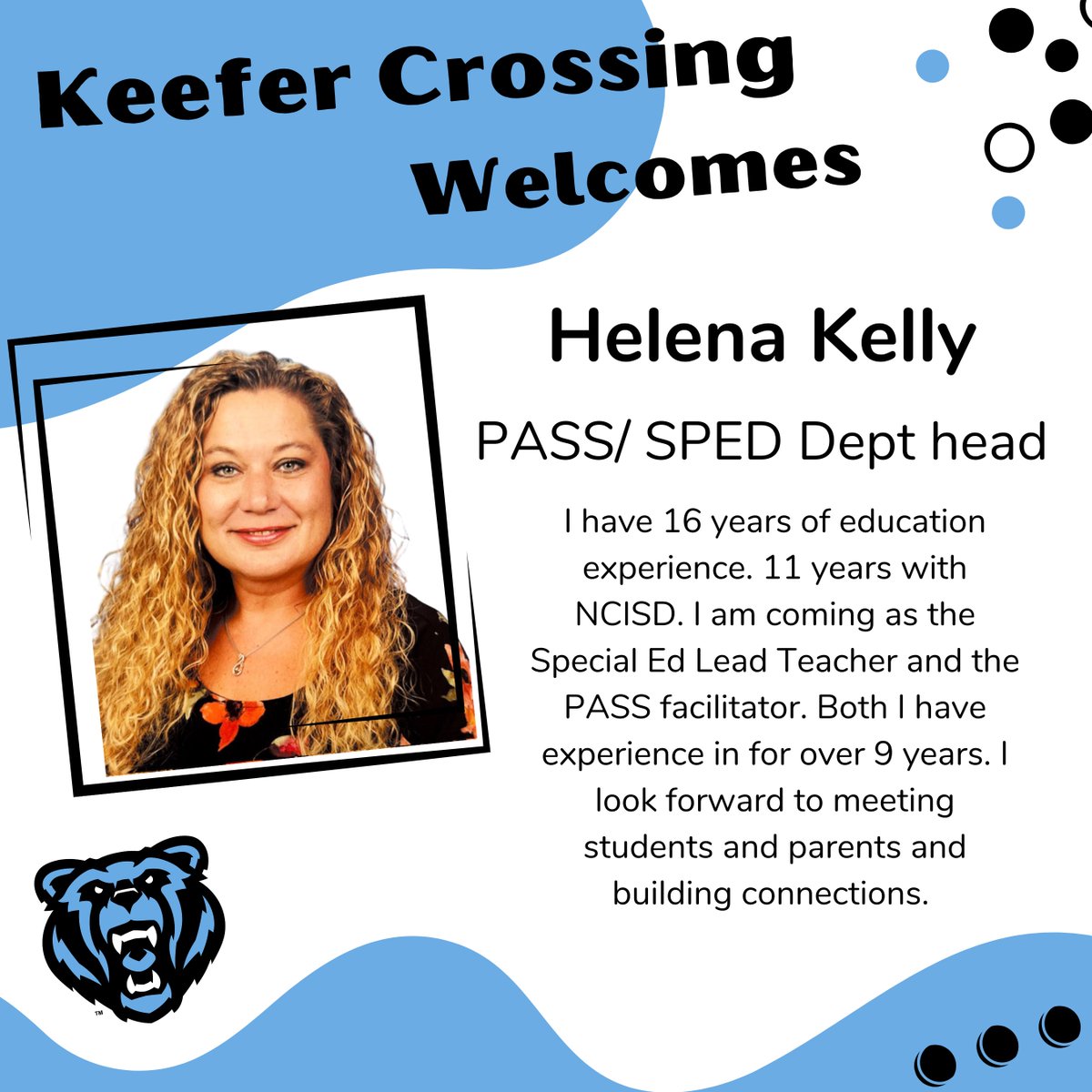 Please give a Kodiak welcome to Helena Kelly. She will be joining our Special Education department as our PASS teacher and department head. #kcmskodiaks #ncisd