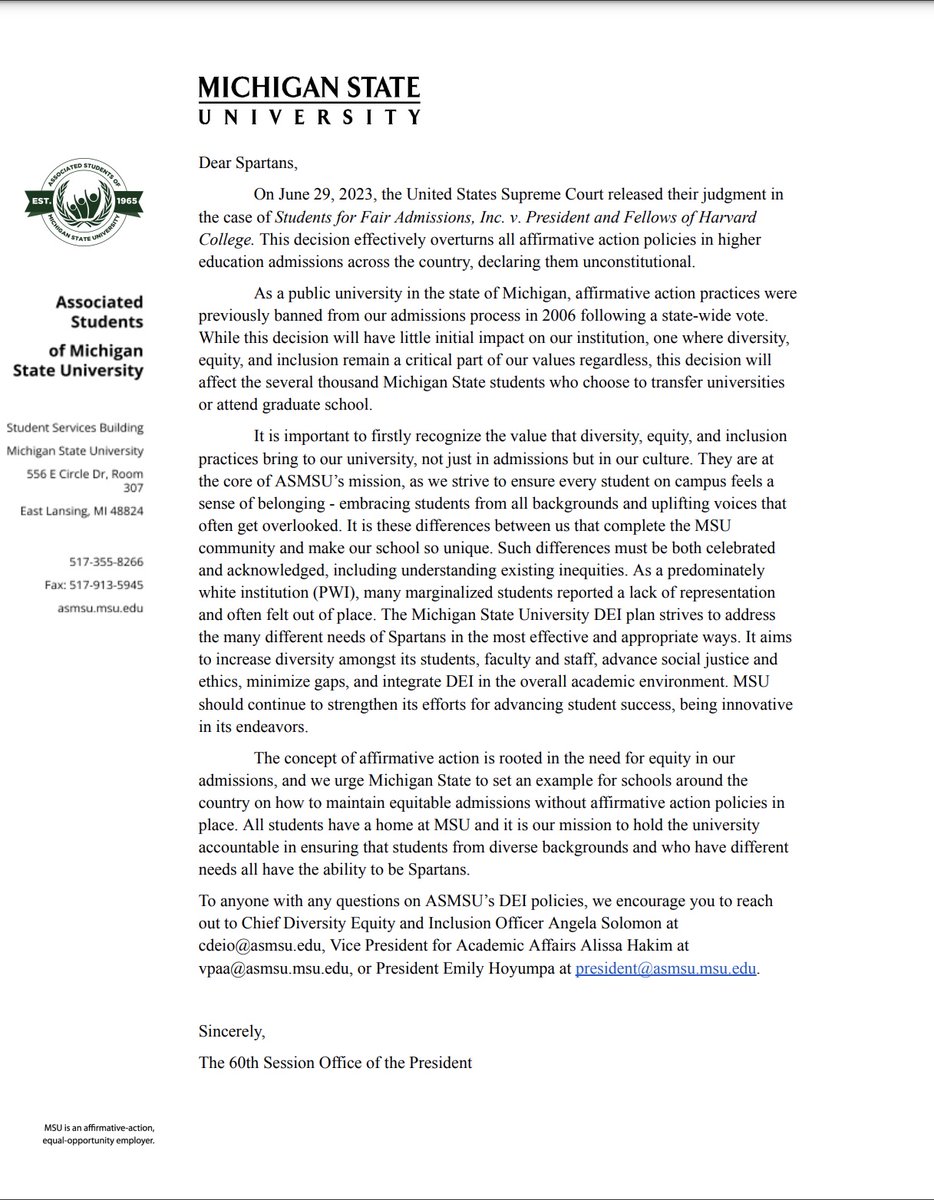 ASMSU's statement regarding yesterday's Supreme Court decision on affirmative action in higher education admissions.