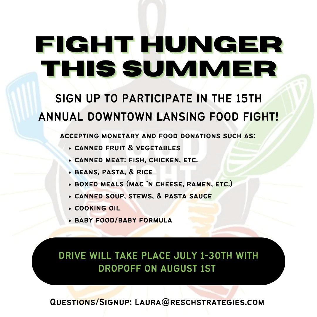 downtownlansing's tweet photo. Attention Downtown Business owners, residents, and all community members: There is still time to sign up for the Downtown Lansing Food Fight! Let's work together to fight hunger this summer. #SupportLansing https://t.co/P2pKmjWSqm