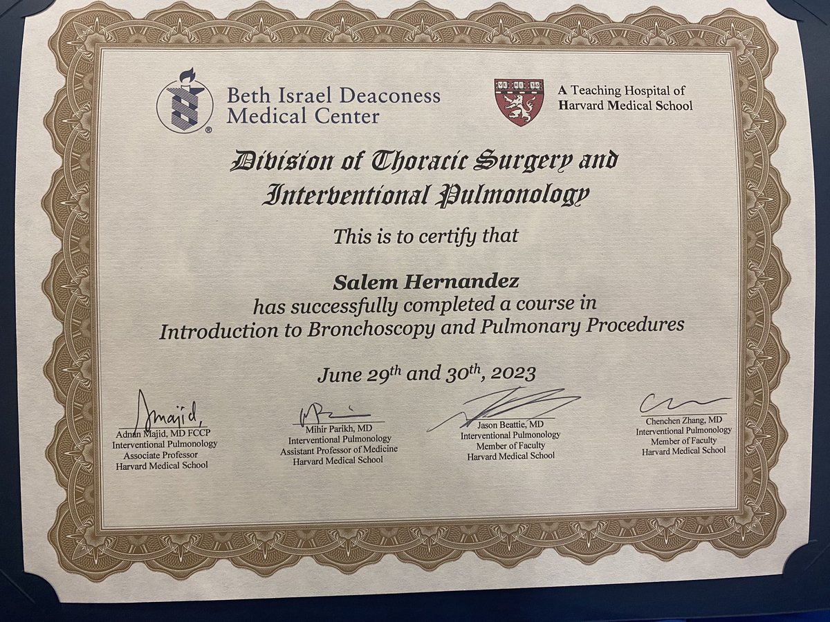 Started @YalePCCSM fellowship training this week!

Thank you @mihirsparikh @JasonBeattieMD, Dr. Adnan Majid, Dr. Chenchen Zhang for an outstanding “Introduction to Bronchoscopy & Pulmonary Procedures” course @BIDMCSurgery @BIDMC #PCCSM #ThoracicSurgery #InterventionalPulmonology