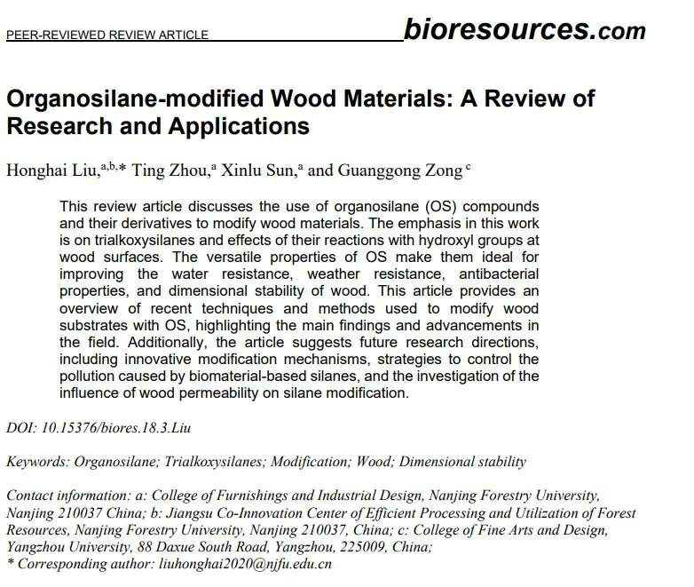 Read our latest #reviewarticle: Organosilane-modified #woodmaterials: A review of research & applications.

buff.ly/46wLWEw

#BioResJournal #openaccess #wood #Dimensionalstability #modification #silane #adhesive #hydrogenbonds