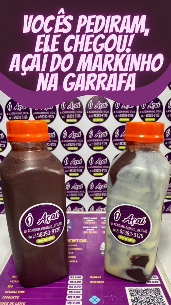 Agora temos o açai do MARKINHO também na garrafinha, ainda mais refinado e literalmente diferenciado experimente e comprove 983939126  estamos on ✅