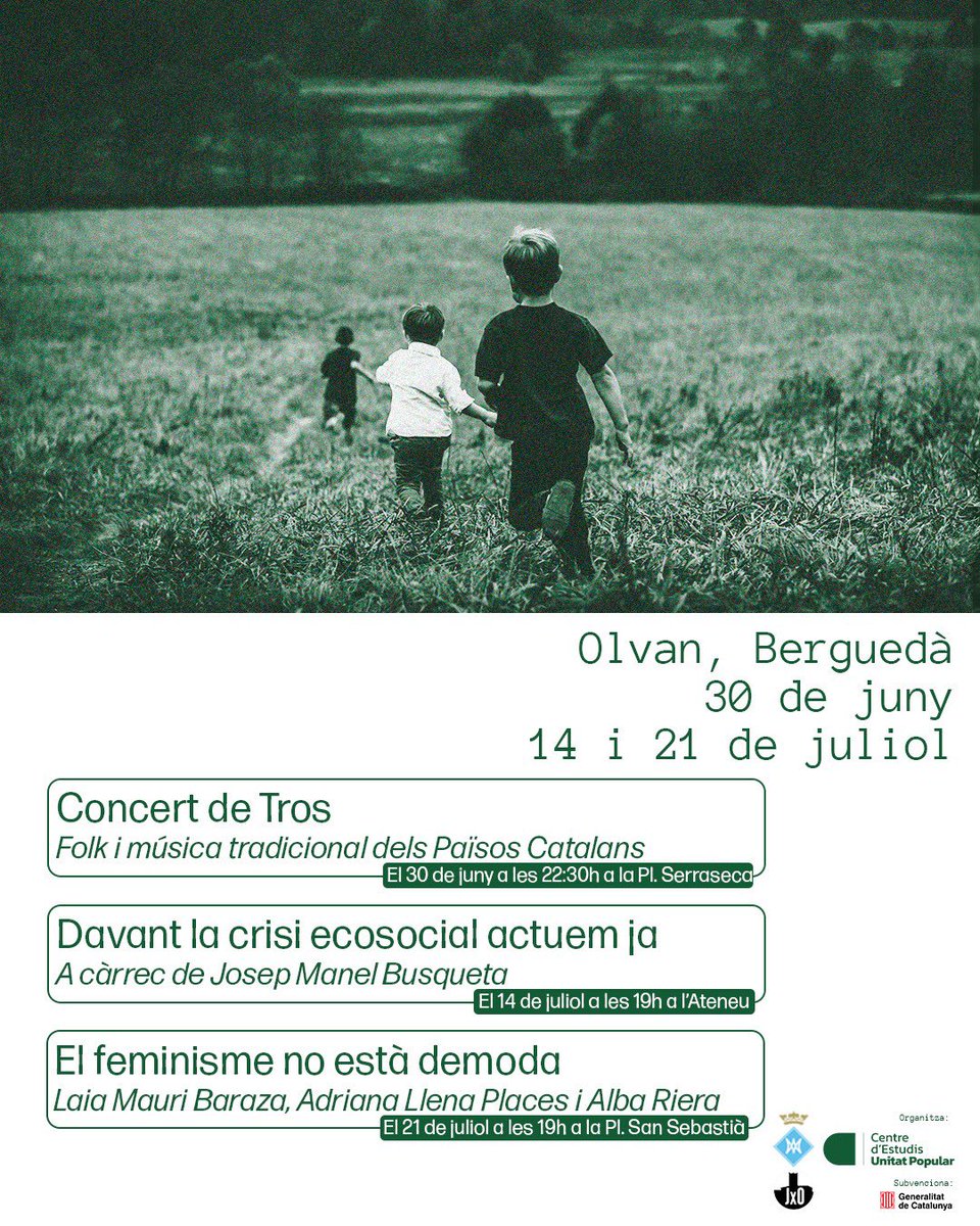 RuraliaCat's tweet photo. 🌱✨ OLVAN

Ecologisme, feminisme i cultura popular les següents setmanes a Olvan (Berguedà). 

Xerrada sobre la crisi climàtica i monòlegs feministes a l’ #OlvanViu i concert de música tradicional dels Països Catalans.

Us ho perdreu? https://t.co/dElZKF54SH