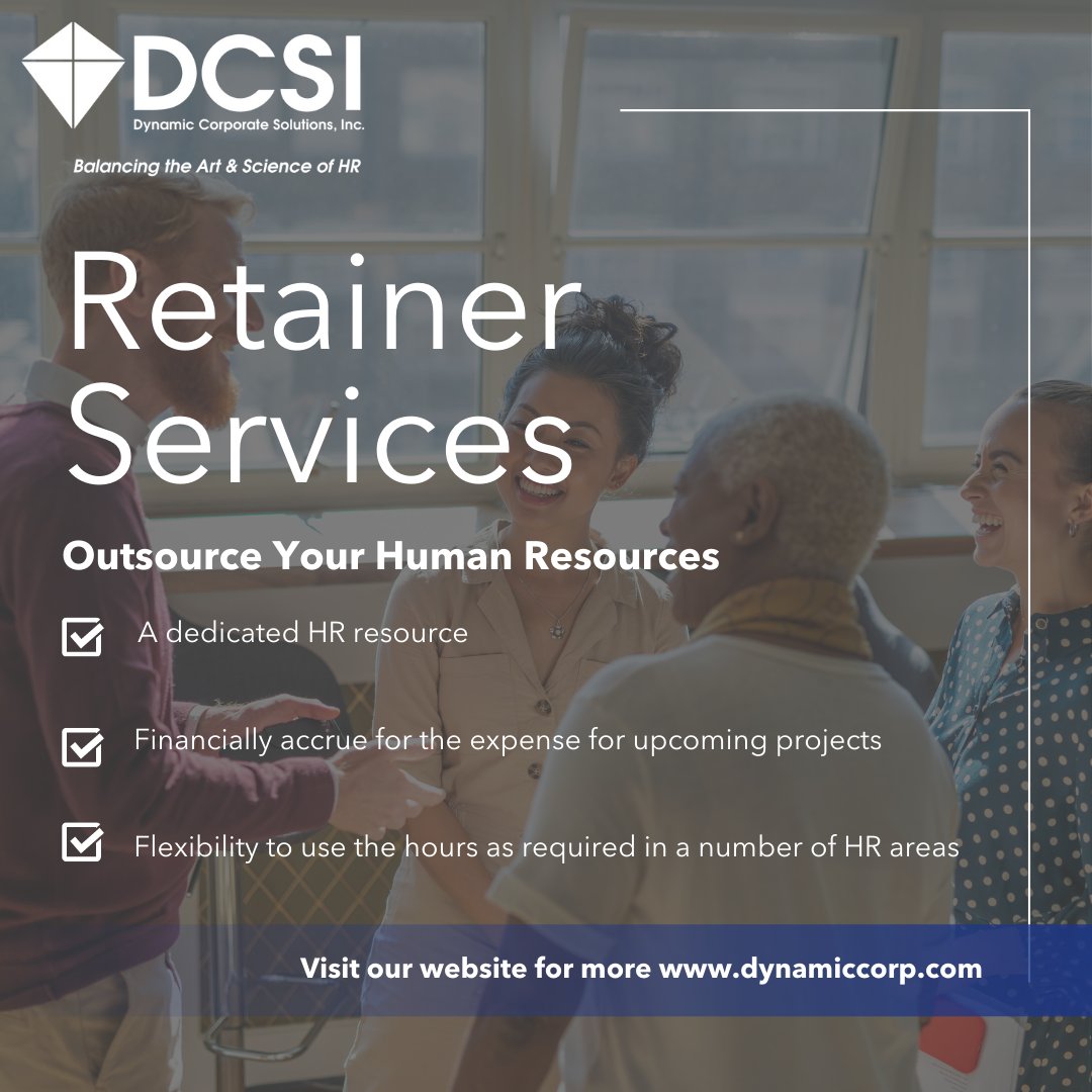 Purchase a set number of monthly hours to outsource your #HR needs. Learn more👇
bit.ly/3WPotcb

#HumanResources  #Outsourcing #BusinessConsulting #HRoutsourcing #HRservices #Management #Training #Development #Leadership #HRProfessionals #HRConsulting #OrgDesign #DCSI