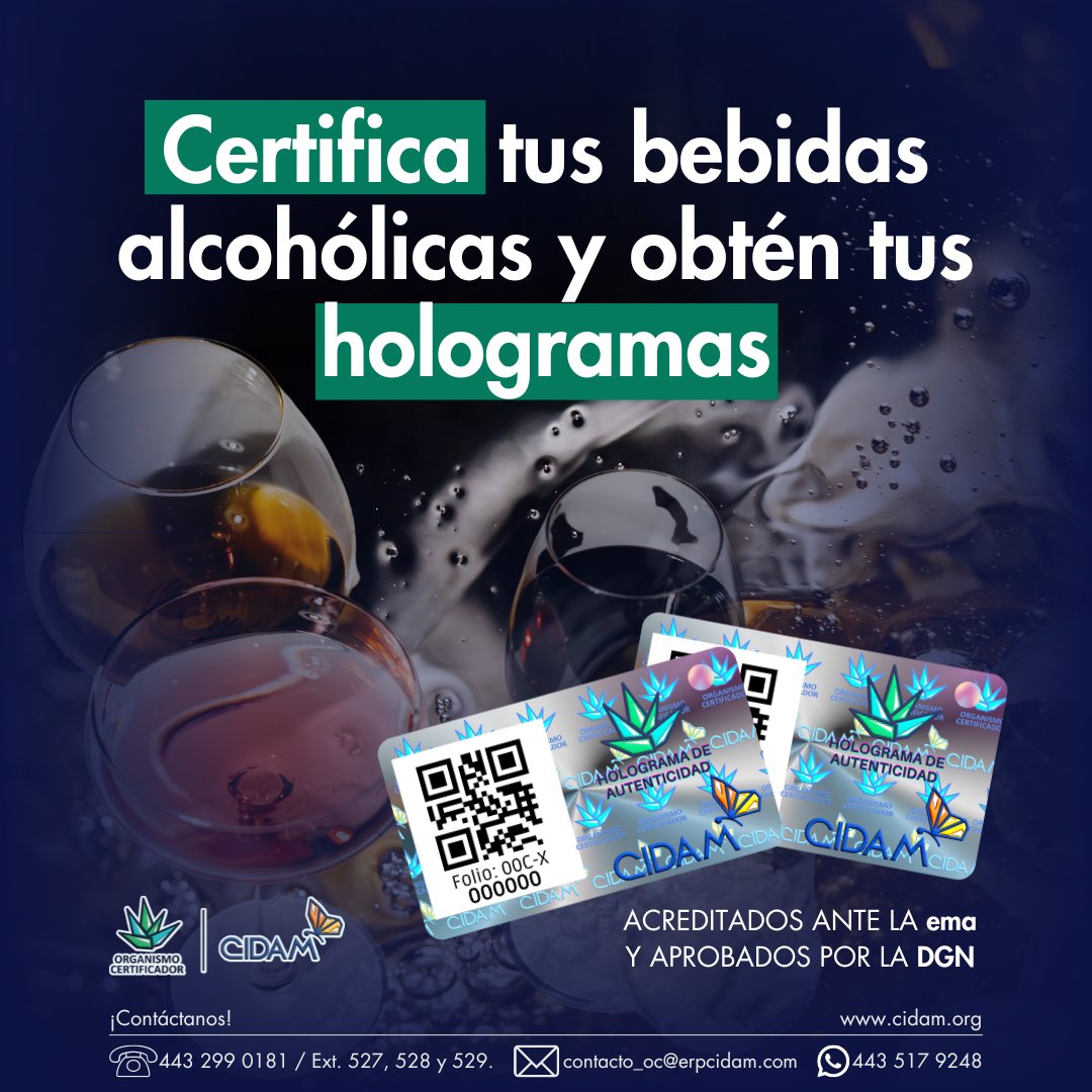 cidam_ac's tweet photo. Una Bebida Certificada, contiene un 𝕙𝕠𝕝𝕠𝕘𝕣𝕒𝕞𝕒 𝕕𝕖 𝕒𝕦𝕥𝕖𝕟𝕥𝕚𝕔𝕚𝕕𝕒𝕕, que la distingue como un producto de calidad y le da seguridad a tu cliente final.
Certifícate con #CIDAM y obtén tus hologramas.
“Agroinnovación, Transformando Ideas”
https://t.co/razLO2ldXd https://t.co/nPs1YT6Qzi