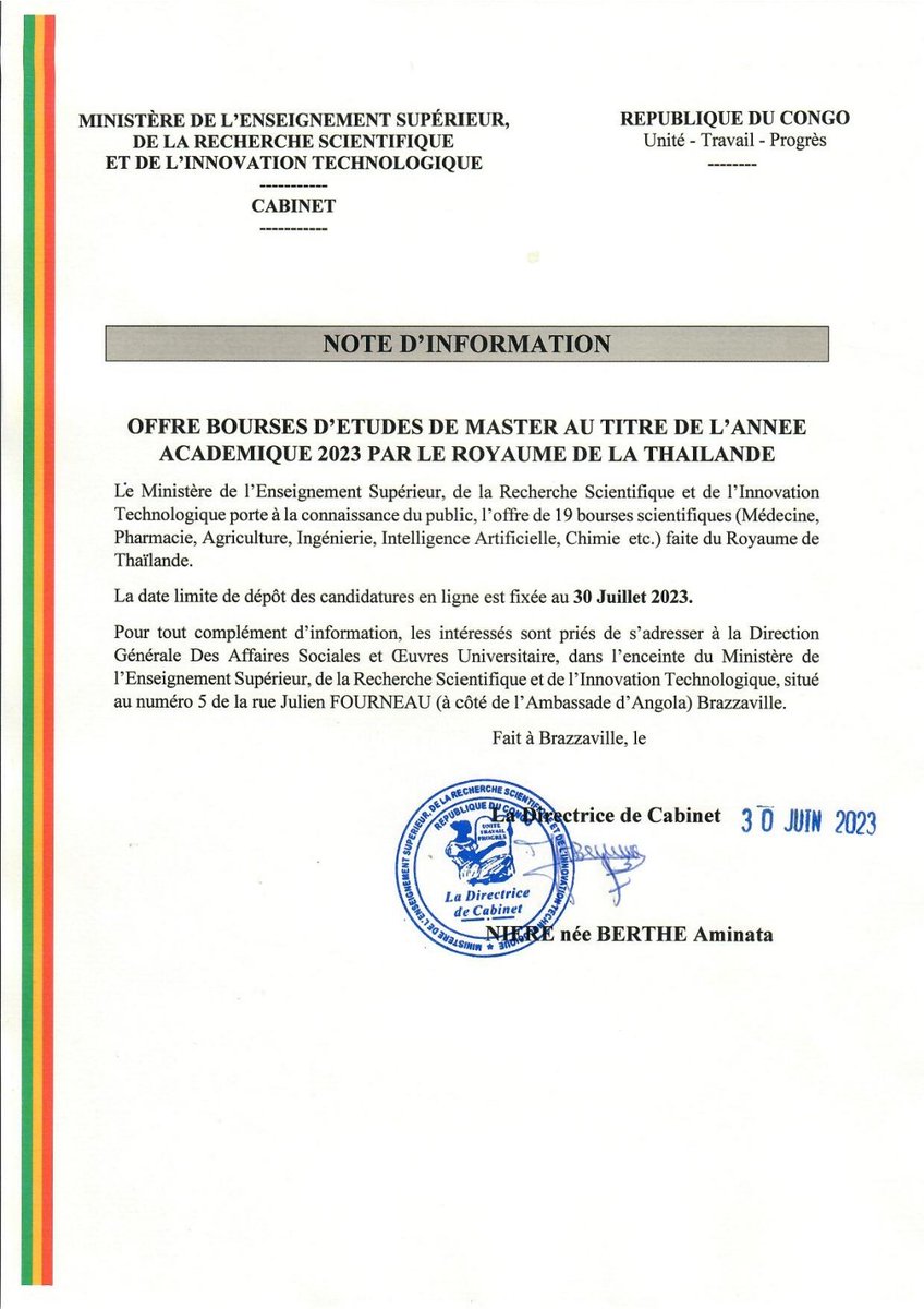 Offre de bourses d'études de Master au titre de l'année académique 2023 par le Royaume de la Thaïlande