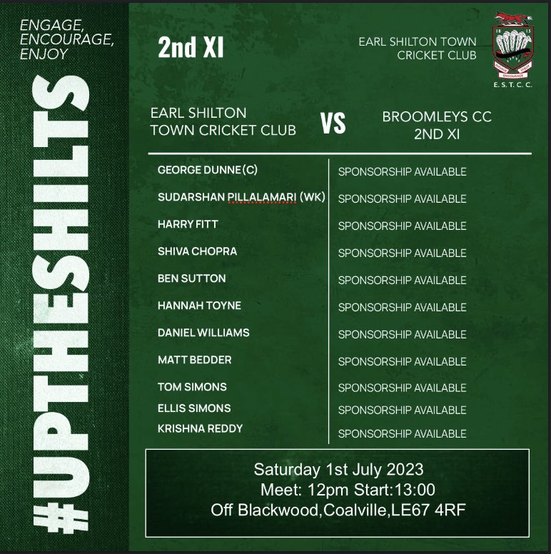 Earl Shilton Town CC (@earlshiltontown) on Twitter photo The teams for this weekend for the double header against <a href="/BroomleysCC/">BroomLeys Cricket Club</a>! Our 1st team are at home and 2s are away! An exciting Saturday in store!!
#UpTheShilts #Cricket #Season2023 #ESTCC The teams for this weekend for the double header against <a href="/BroomleysCC/">BroomLeys Cricket Club</a>! Our 1st team are at home and 2s are away! An exciting Saturday in store!!
#UpTheShilts #Cricket #Season2023 #ESTCC