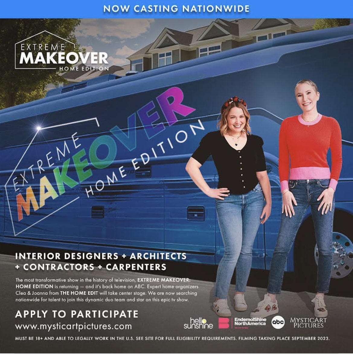 Calling all carpenters, contractors, and designers! ✨ The final auditions for Extreme Makeover: Home Edition are just around the corner, and the deadline to apply is July 10th! ⏰🗓️

Are you ready to join the Dream Team and shine on the most awe-inspiring show on television? ✨