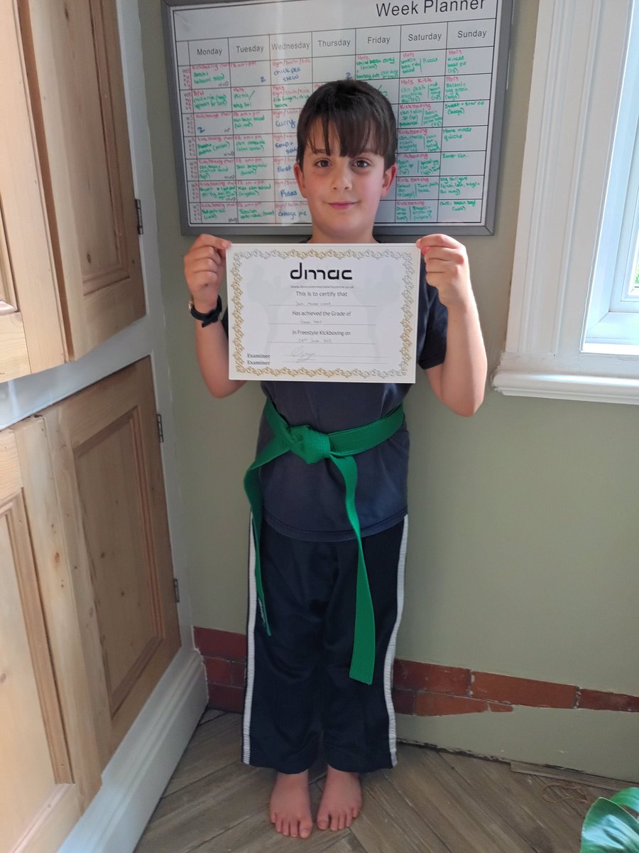 So proud to receive his #greenbelt in #kickboxing this week and we are super proud of him! Well done Jem.
